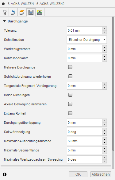 Dialogfeld 5-Achs-Wälzen, Registerkarte Durchgänge