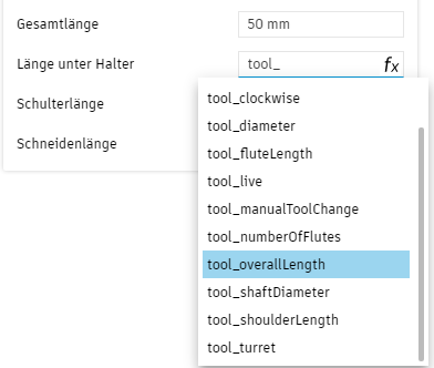 Werkzeugbibliothek - Beispiel für verknüpfte Parameter - in das Feld Verknüpfte Parameter klicken