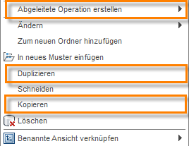 Rechte-Maustaste-Kontextmenü beim Klicken auf einen Werkzeugweg mit den Optionen Kopieren, Duplizieren und Abgeleitete Operation erstellen