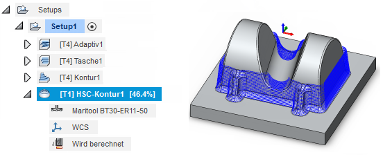 Vorschau für einen teilweise erstellten HSC-Kontur-Werkzeugweg