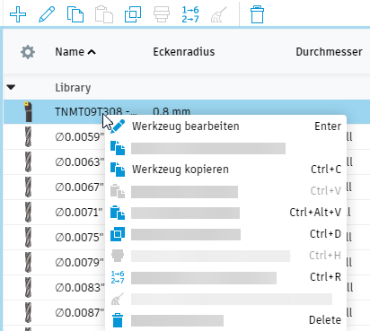 Werkzeugoptionen verwalten