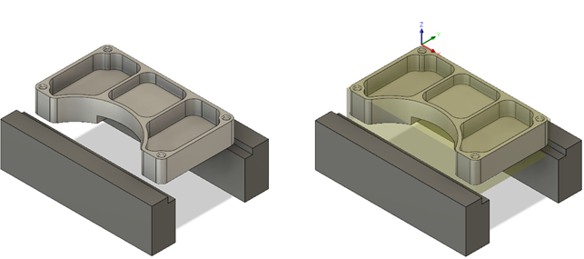 Rohteilmaterial vor der Bearbeitung des Bauteils (links); Rohteil vollständig bearbeitet (rechts)