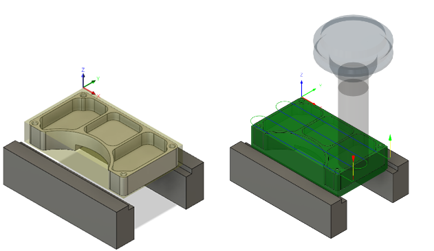 Rohteilmaterial vor der Bearbeitung des Bauteils (links). Planen-Werkzeugweg angewendet (rechts)