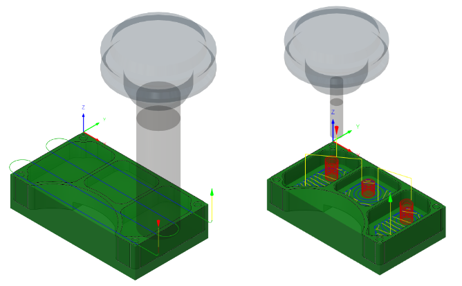 Planen-Werkzeugweg angewendet (links). 2D-Adaptive Clearing-Werkzeugweg angewendet (rechts) 