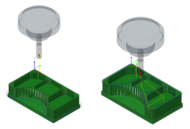 2D-Kontur-Werkzeugweg um die Außenseite des Bauteils angewendet (links). 2D-Kontur-Werkzeugweg entlang der Fasen auf der oberen Fläche des Bauteils angewendet (rechts)