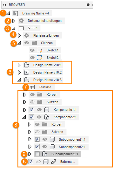 Zeichnungsansicht Menü Browser