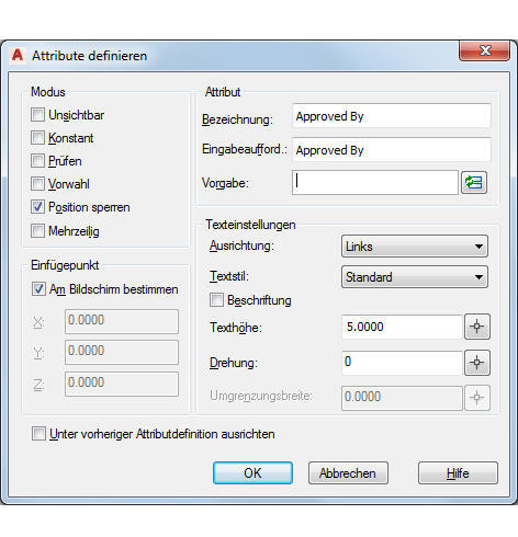 Dialogfeld Attribute definieren