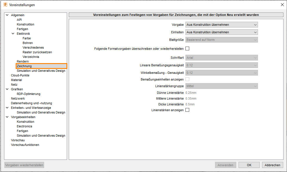 Dialogfeld Voreinstellungen Zeichnung