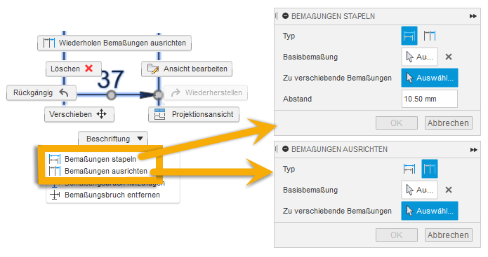 Bemaßungen stapeln und ausrichten (Dialogfelder)