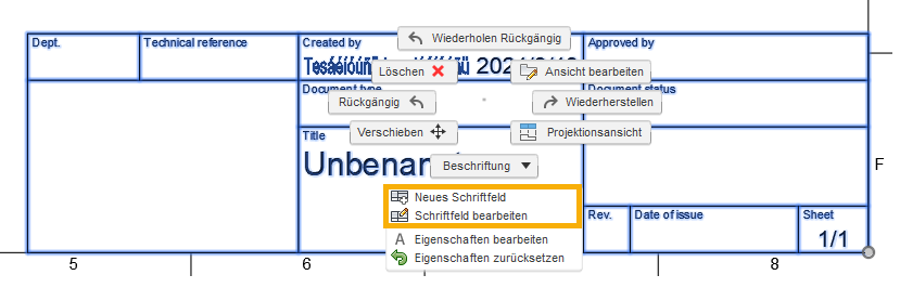 Menü Schriftfeld bearbeiten
