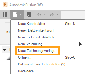Menü - Neue Zeichnungsvorlage
