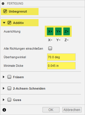 Dialogfeld Fertigung