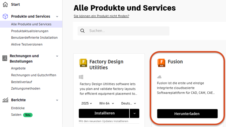 Fusion aus dem Konto bei Autodesk Account herunterladen