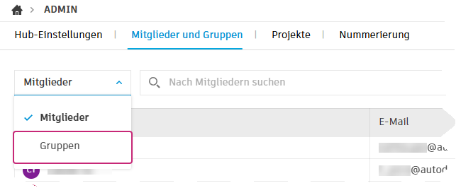 Dropdown-Menü Gruppen mit ausgewählter Option Gruppen