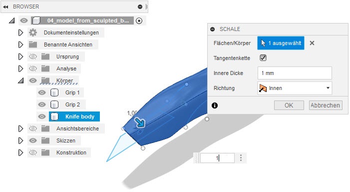 Messerkörper mit Schale versehen