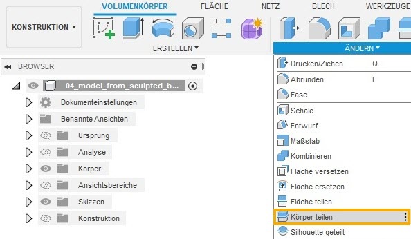 Modell in zwei Körper teilen