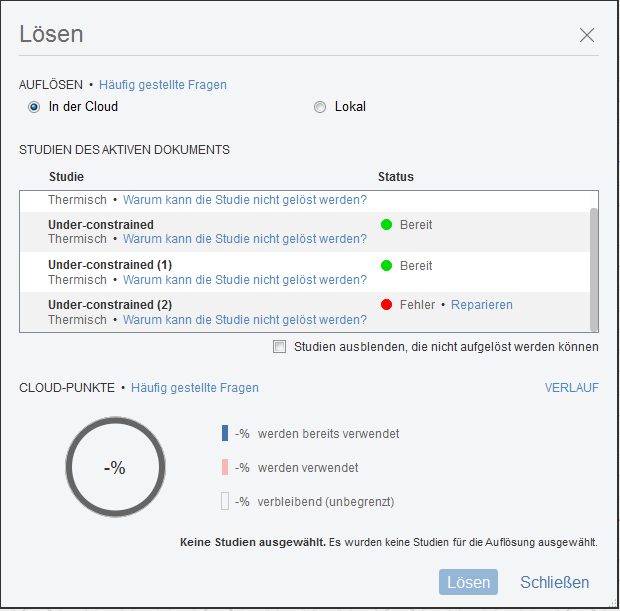 Dialogfeld Lösen - Unterbestimmt