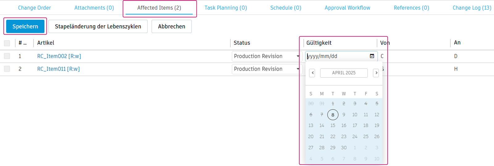 Festlegen der Gültigkeit