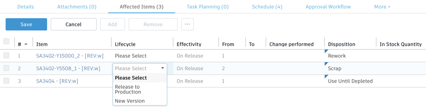 Registerkarte Betroffene Artikel