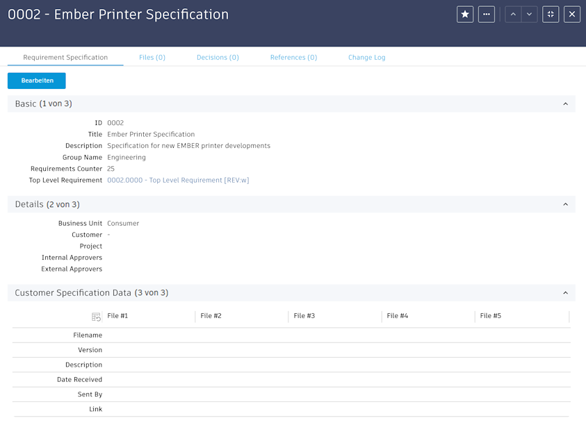 Spezifikation bearbeiten