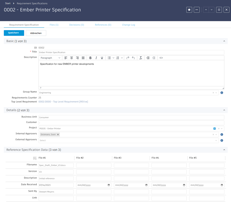Spezifikationen bearbeiten