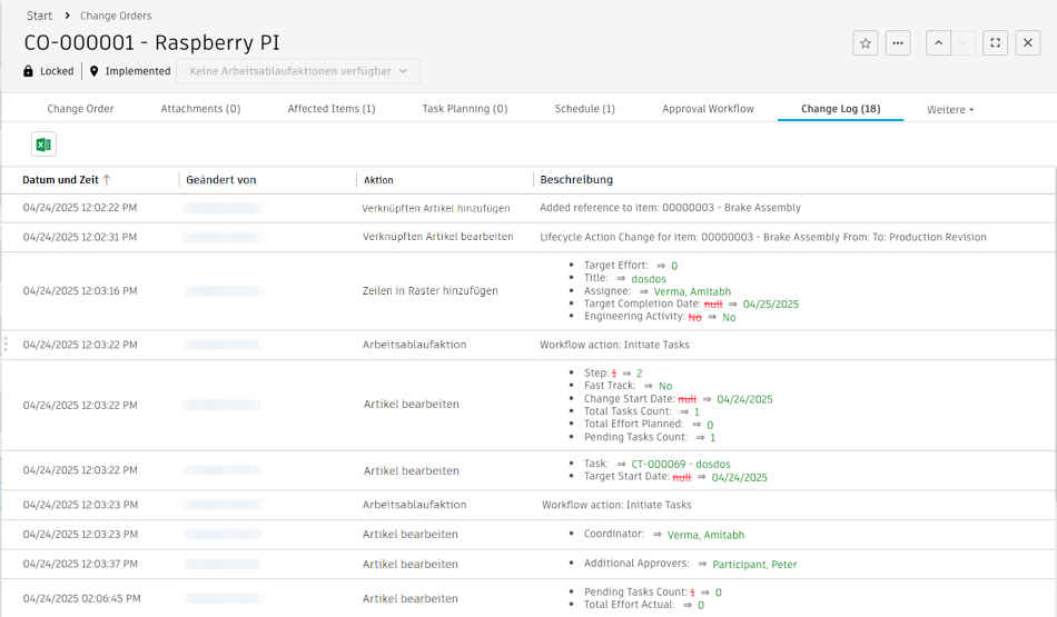 Registerkarte Änderungsprotokoll