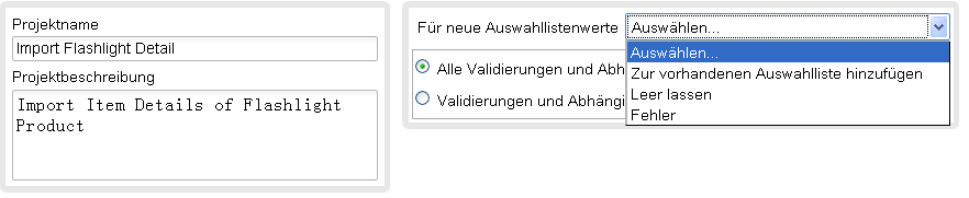 Importeinstellungen - Auswahlliste
