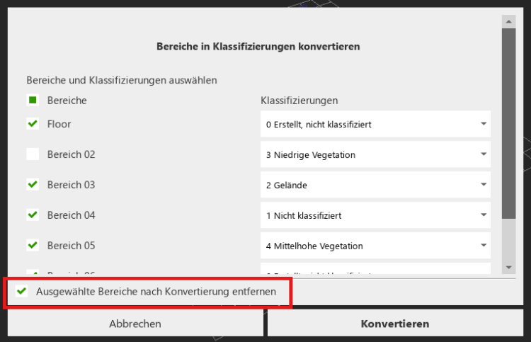 Kontrollkästchen Bereiche nach Konvertierung entfernen
