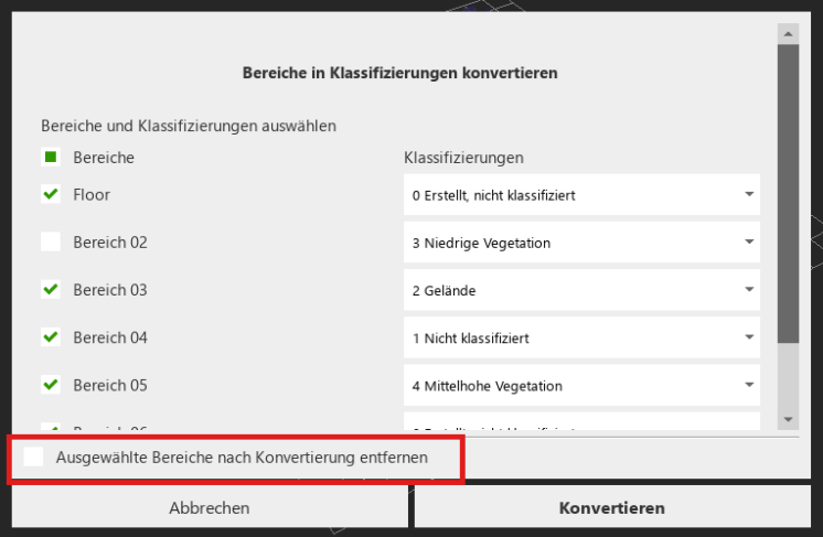 Kontrollkästchen Bereiche nach Konvertierung entfernen deaktiviert