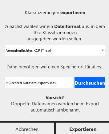 Klassifizierungen exportieren - Optionen wählen