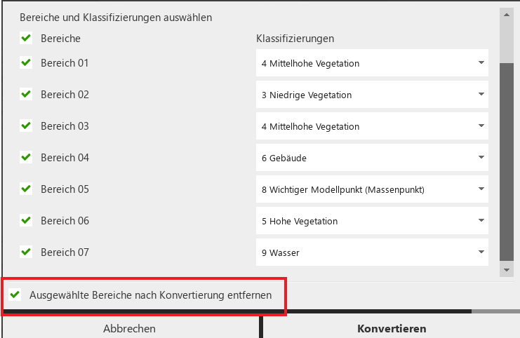 Position des Kontrollkästchens Bereiche entfernen