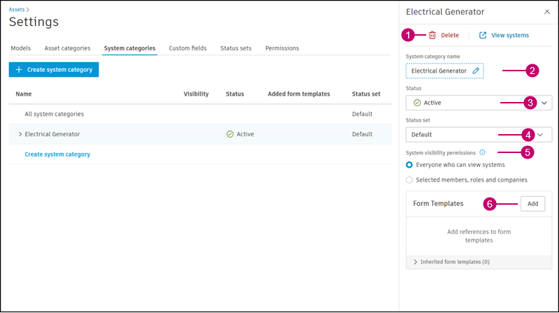Edit system category panel