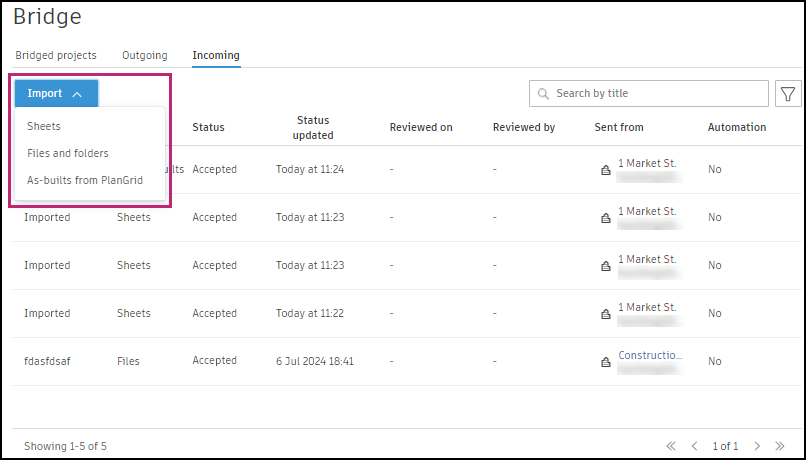 Import files and folders interface