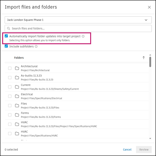 Import files and folders dialog