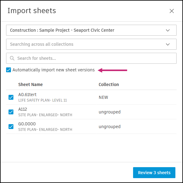 Import sheets dialog