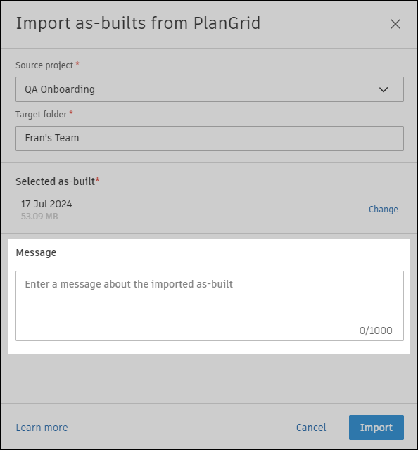 Message import as-built interface