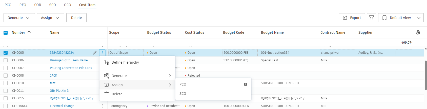 Assign menu with SCO option on the Cost Item tab