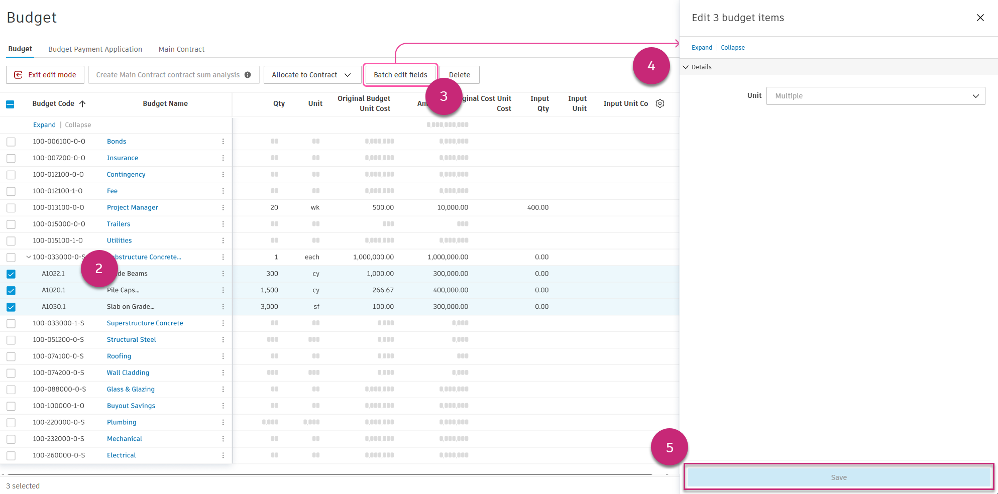 Batch Edit Fields flyout showing editable fields for selected budget line items