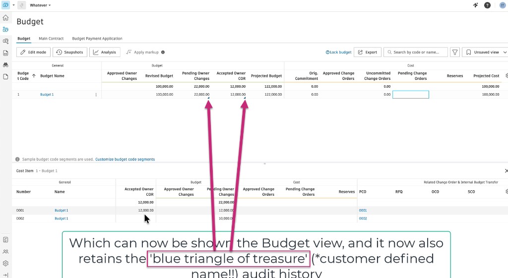 Budget cell details panel showing PCO links and audit history for pending and accepted owner change columns