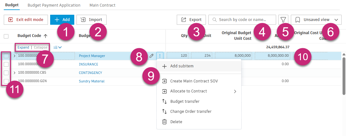 Budget Edit Mode interface showing editing options and tools