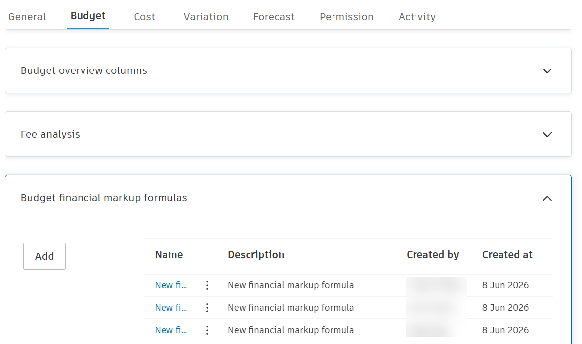 Budget financial markup formulas section expanded with an Add button and a list of saved formulas