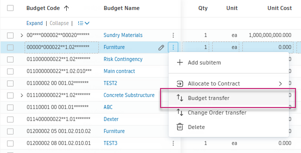 Budget Transfer dialog box