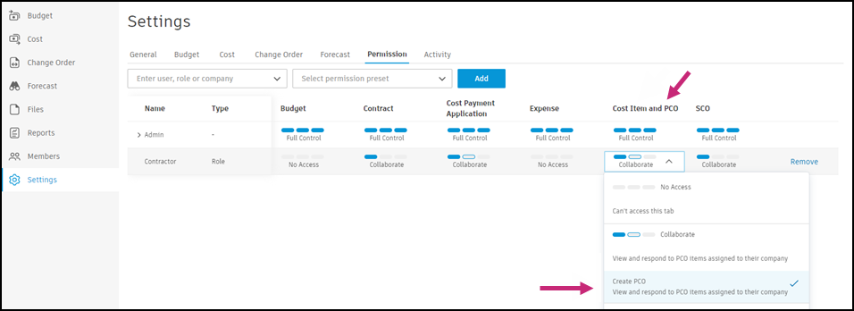 Permission settings showing Collaborate on Downstream Change permission for supplier role