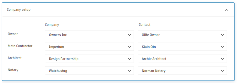 Company Setup interface showing company selection dropdown