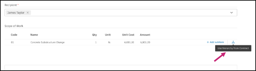 Contract hierarchy button interface showing cost items breakdown