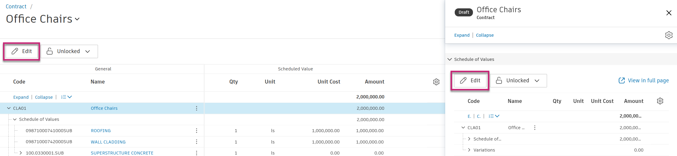 Edit contract SOV button