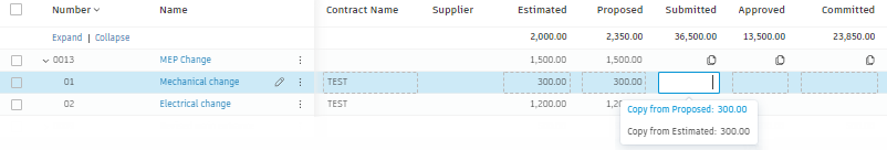 Copy cost item amounts