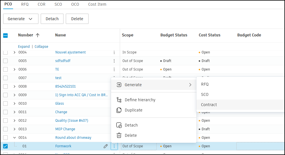 Generate contract from more menu