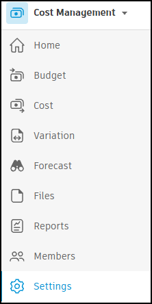 Cost Management Settings tool left navigation panel