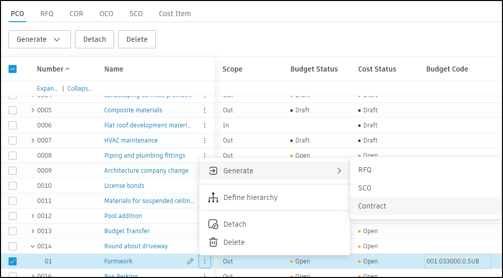 Generate contract from more menu